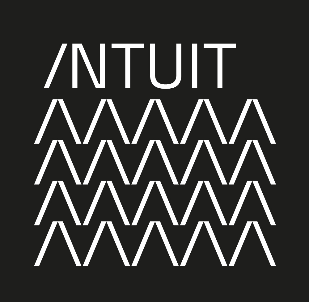 Monochrome INTUIT wordmark with geometric chevron pattern—stylized brand lockup